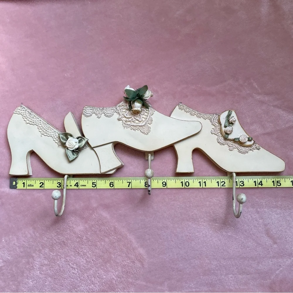 Vintage High Heels Wall Hooks Cream Color with Lace and Silk Roses Distressed